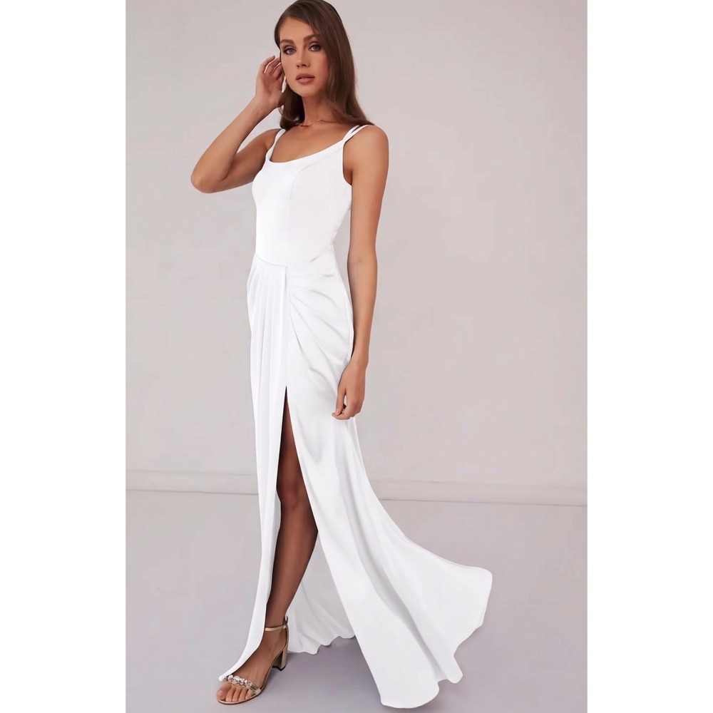 Azazie x Barbie White Satin Ruched Corset Maxi Dress Side Slit Formal Gown